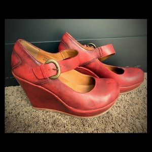 Red leather, wedge Mary Janes